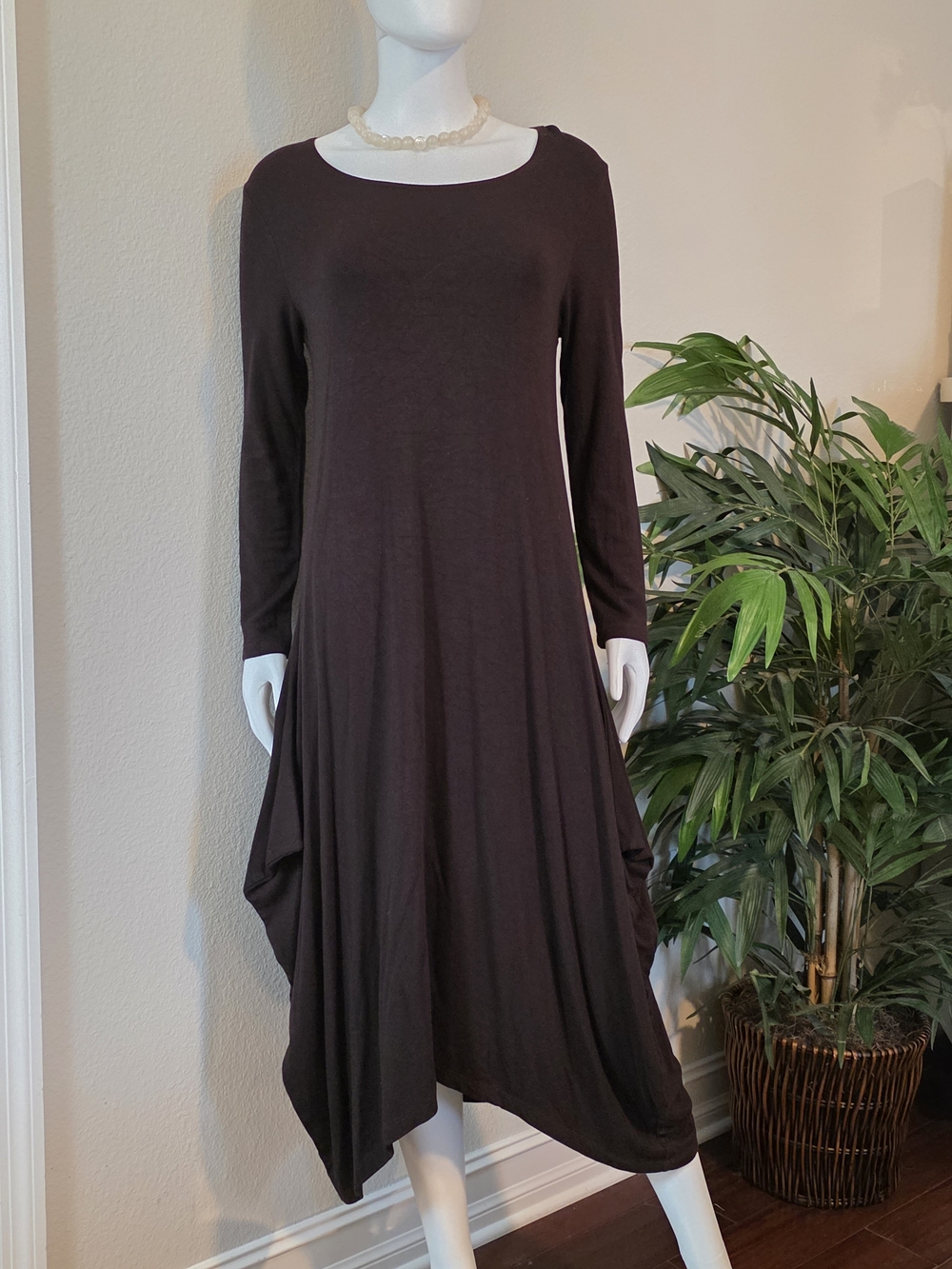 Bryn Walker Chelsea Long-Sleeve Dark Brown Asymmetrical-Hem Dress Size XS